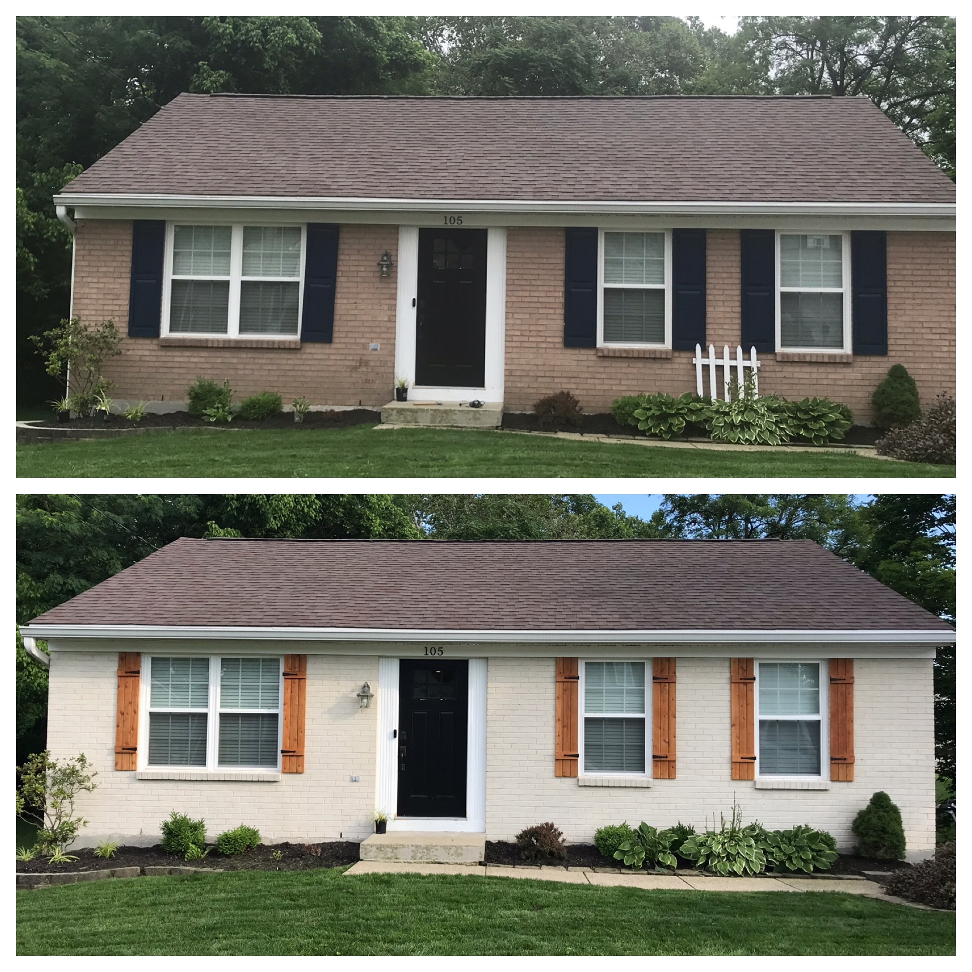 Before-and-after exterior renovation with refreshed painted brick and new natural wood shutters